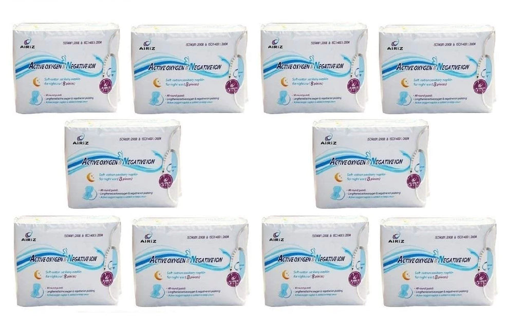 Airiz Active Oxygen & Negative Ion Relax Soft Cotton Sanitary Napkin For Night Use -(80 Pads In 10 Pack) Sanitary Napkin/Pad