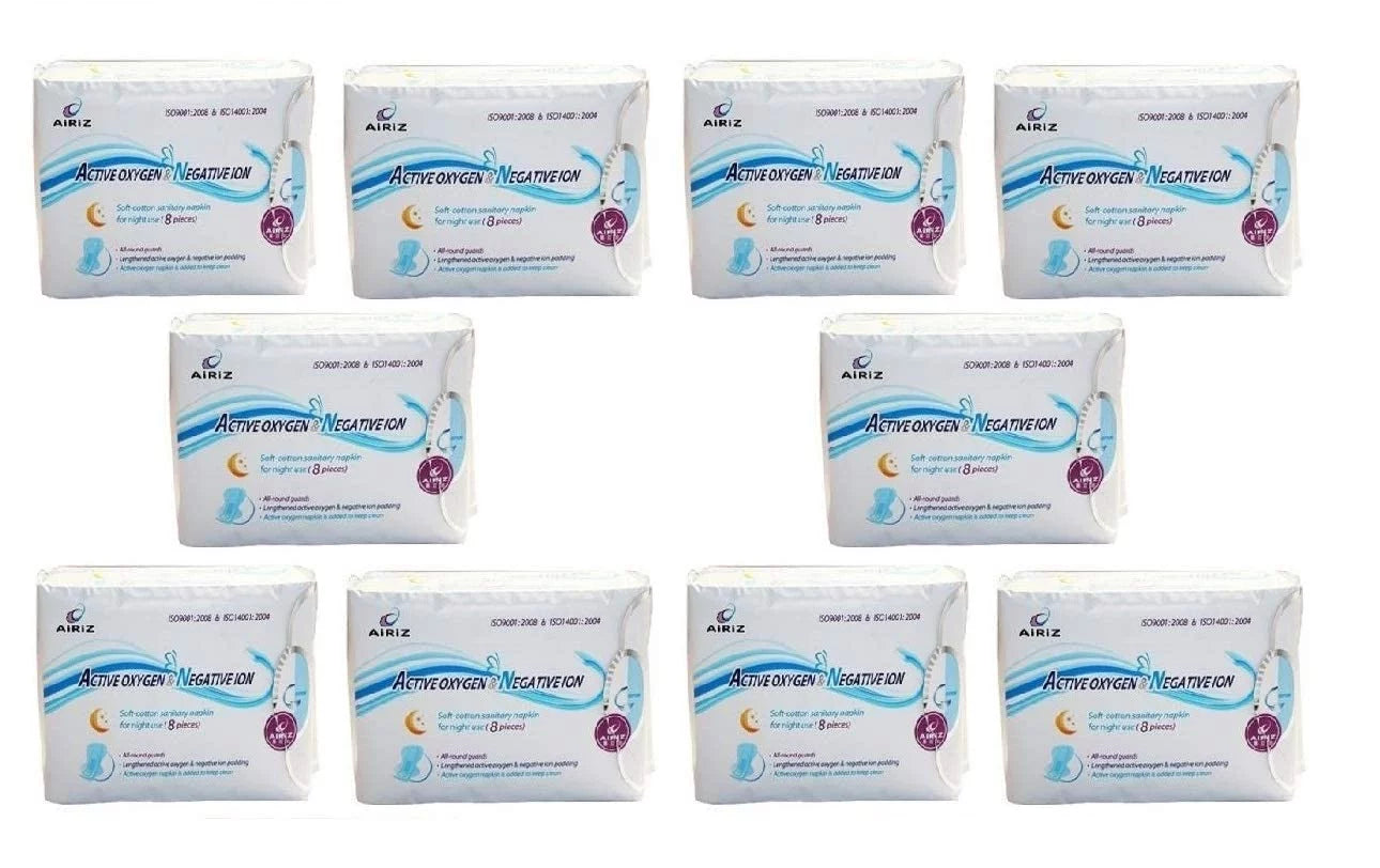 Airiz Active Oxygen & Negative Ion Relax Soft Cotton Sanitary Napkin For Night Use -(80 Pads In 10 Pack) Sanitary Napkin/Pad