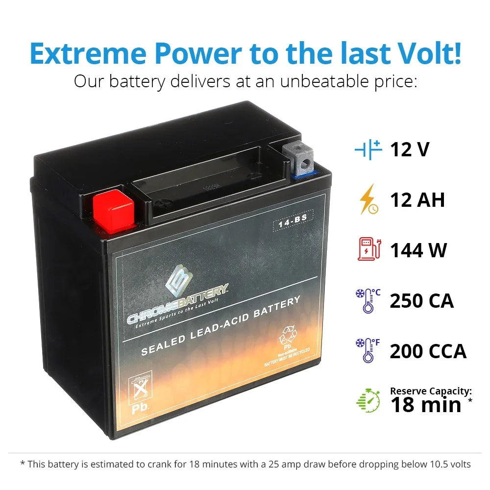 Chrome Battery YTX14- (14- 12 Volt,12 Ah, 200 ) Motorcycle Battery for Honda Vt1100c, C3, T Shadow (spirit, Aero, A. C. E. Tourer) 1100cc 01-'07