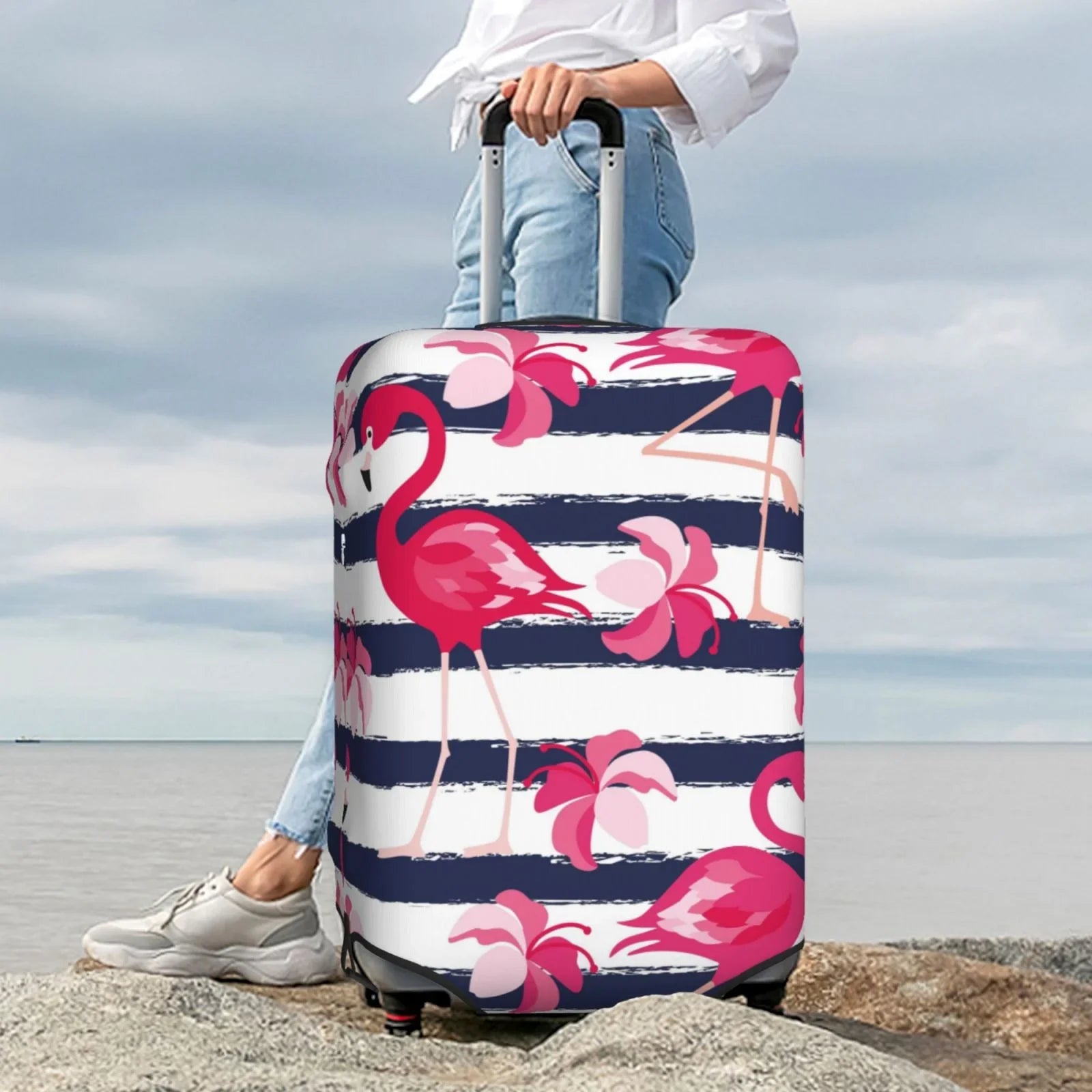 Ocsxa Travel Dust-Proof Suitcase Cover Dark Blue Stripes And Pink Flamingos Print Luggage Cover Protector For 18-32inch