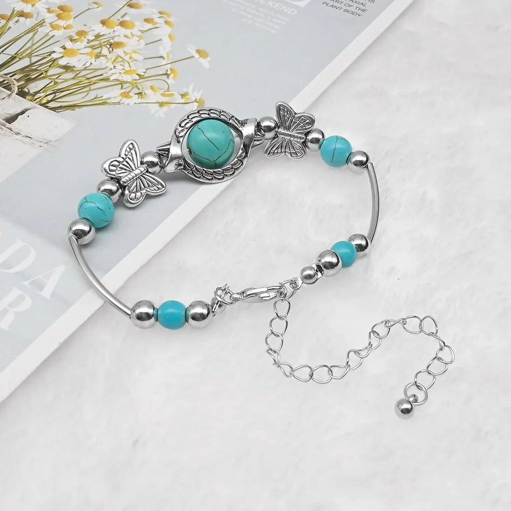 New Turquoise Bracelet, Classic Luxury Ladies Summer Unique Design Beaded Faux Gemstone Palm Bracelet Jewelry, Western Bohemian Style Jewelry Ladies Gift