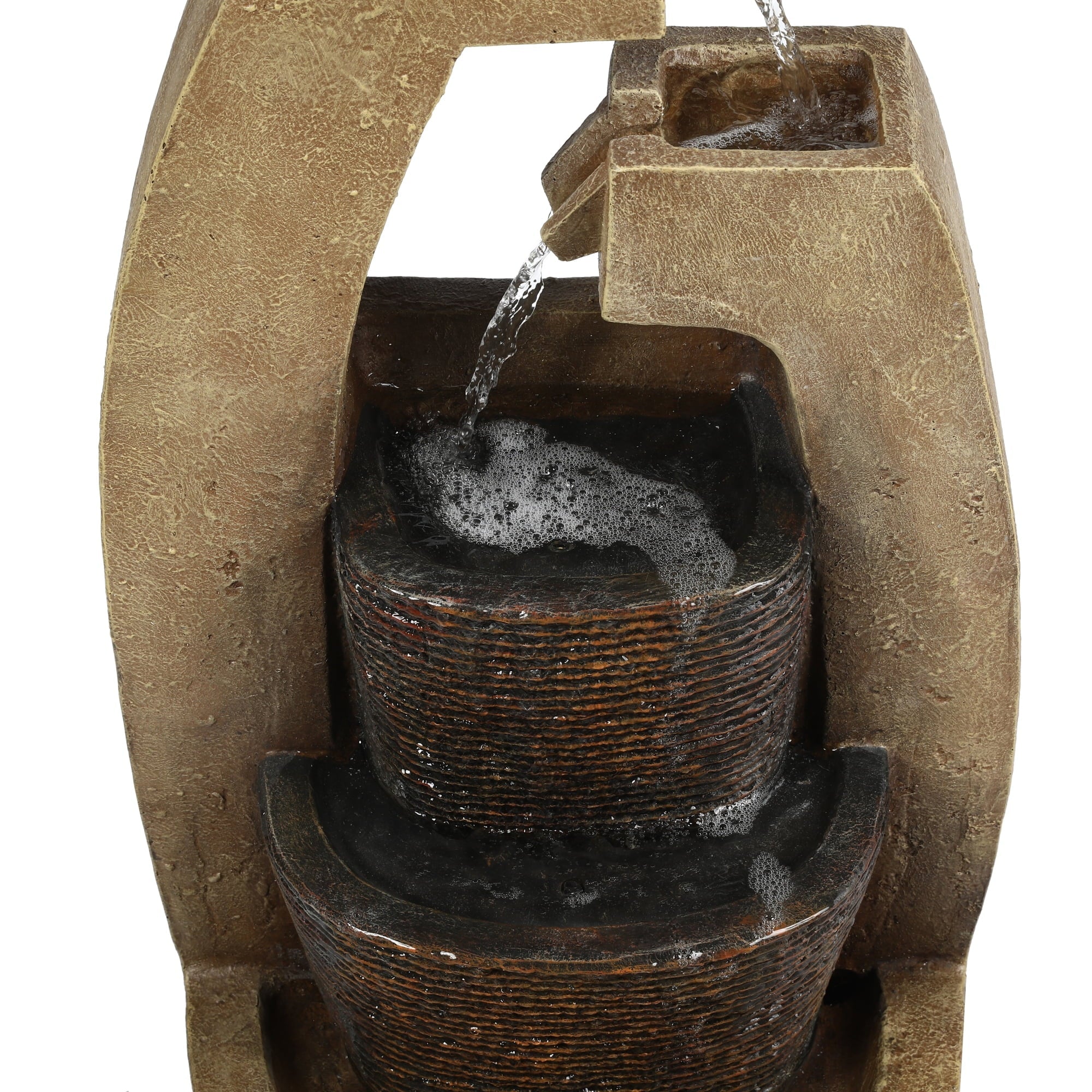 LuxenHome Brown Cement Modern Sculpture Outdoor Fountain with  Light