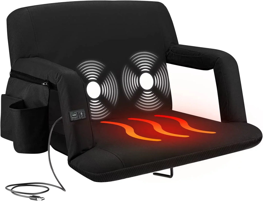 Alpcour X-Wide Heated Massage Reclining Stadium Seat - Extra Thick Waterproof Chair with Wide Back Support - Black