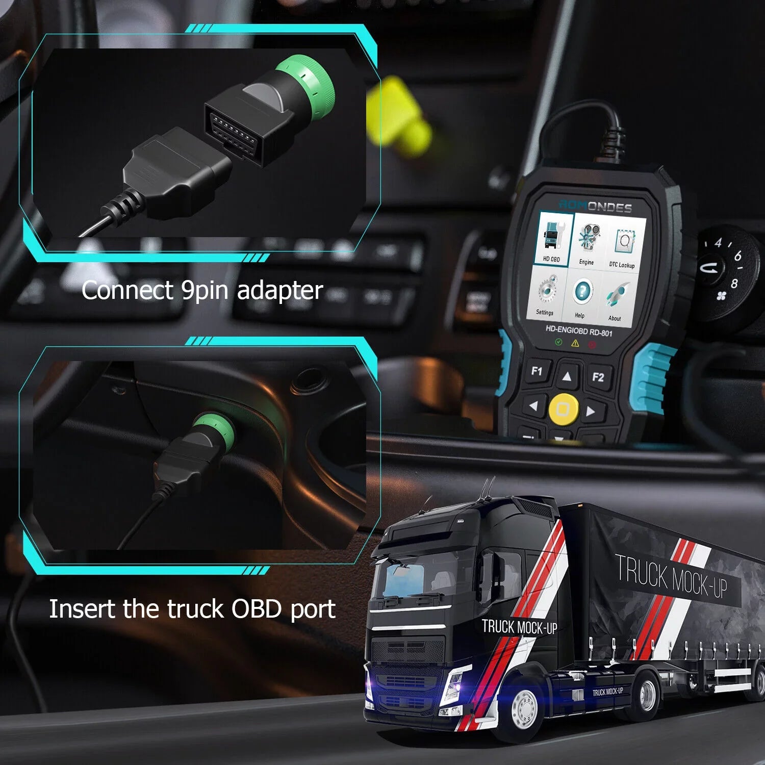 Romondes RD801 Heavy Duty Truck Diagnostic OBD2 Scanner Code Reader Tools Diesel Truck Scanner  Oil Reset