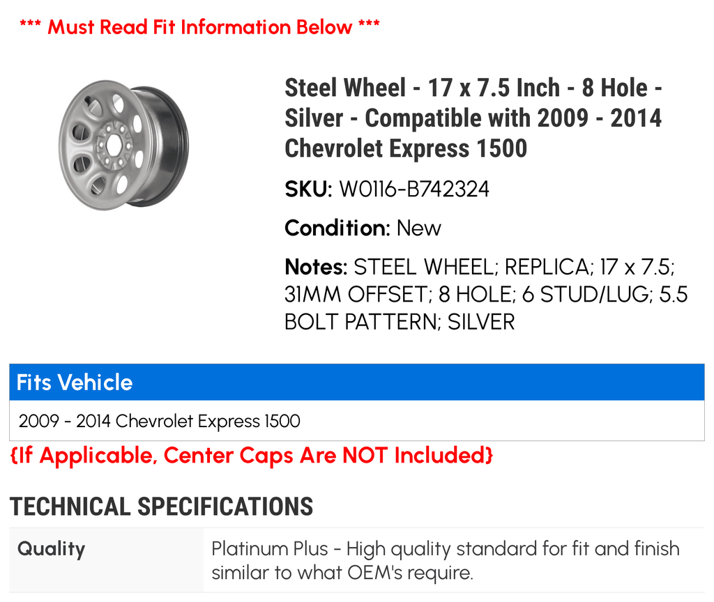 Steel Wheel - 17 x 7.5 Inch - 8 Hole - Silver - Compatible with 2009 - 2014 Chevy Express 1500 2010 2011 2012 2013