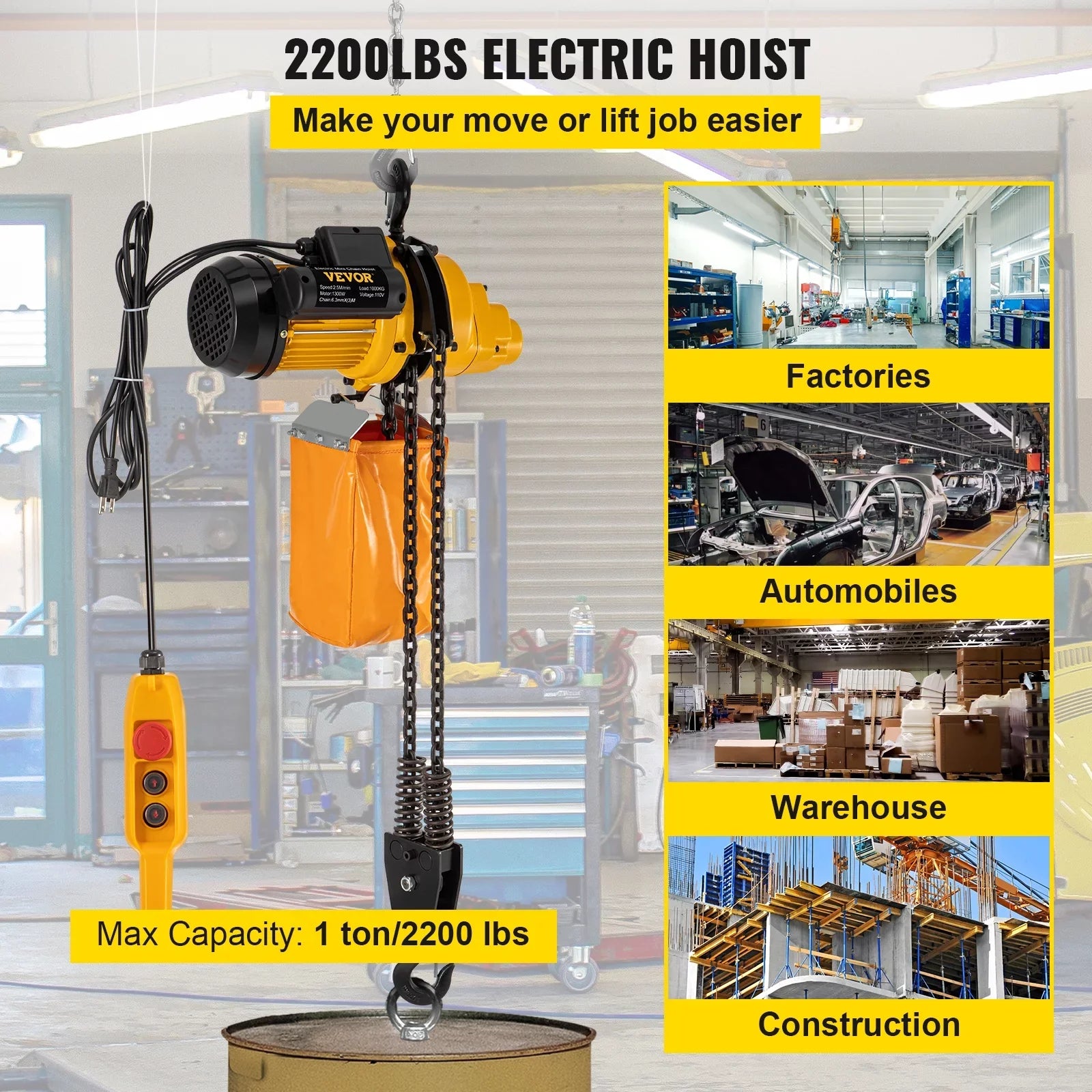Lift Electric Hoist, 2200 lbs Electric Winch w/ 10ft Wired Remote Control, 110V Overhead Crane Garage Ceiling Pulley Winch of 10ft Lift Height, Used In Factories, Warehouses, Construction