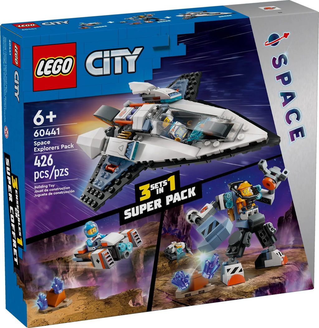 City Space Explorers Pack, Kids’ Space Toy Playset Bundle for Boys and Girls Aged 6 and Up, 3 Building Sets in 1 Box, Space Gift Mech Toy, Interstellar Spaceship, Hoverbike, 3 Minifigures, 60441