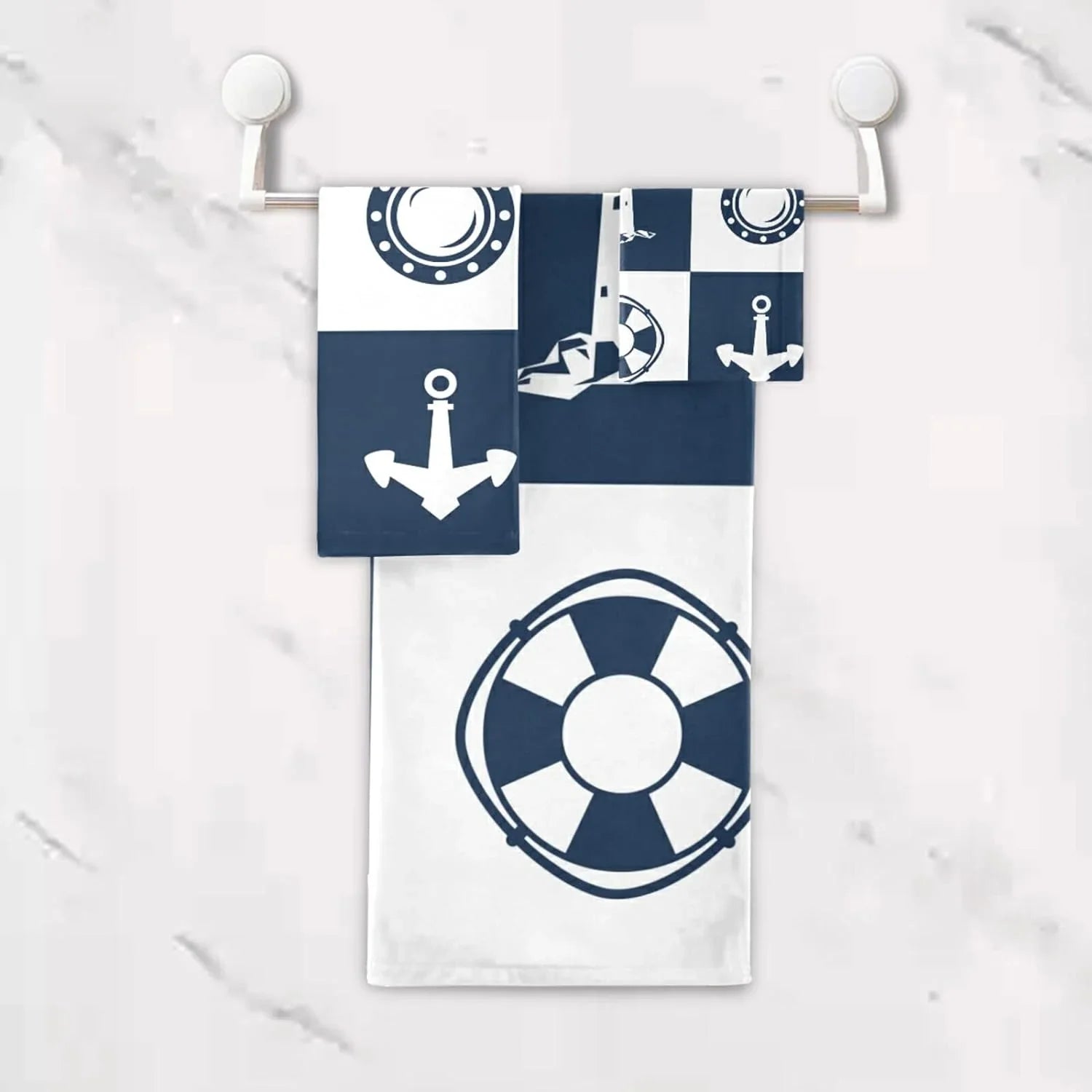 Bestwell Bath Towel Sets for Bathroom Hand Towels Fingertip Towels Sailing Vessel Anchor Lighthouse Checked 3 Piece Decorative Soft Cotton Absorbent