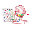 Professional Bingo Game Set with Extra Large Bingo Cage (19” High), Single Sided Ping Pong Bingo Balls and Master Bingo Board – Red Cage with Acrylic Handle