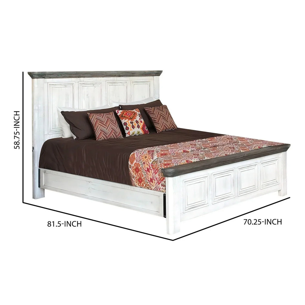 Benjara Feyi Queen Size Bed, Clean Rustic Headboard and Footboard, White, Gray