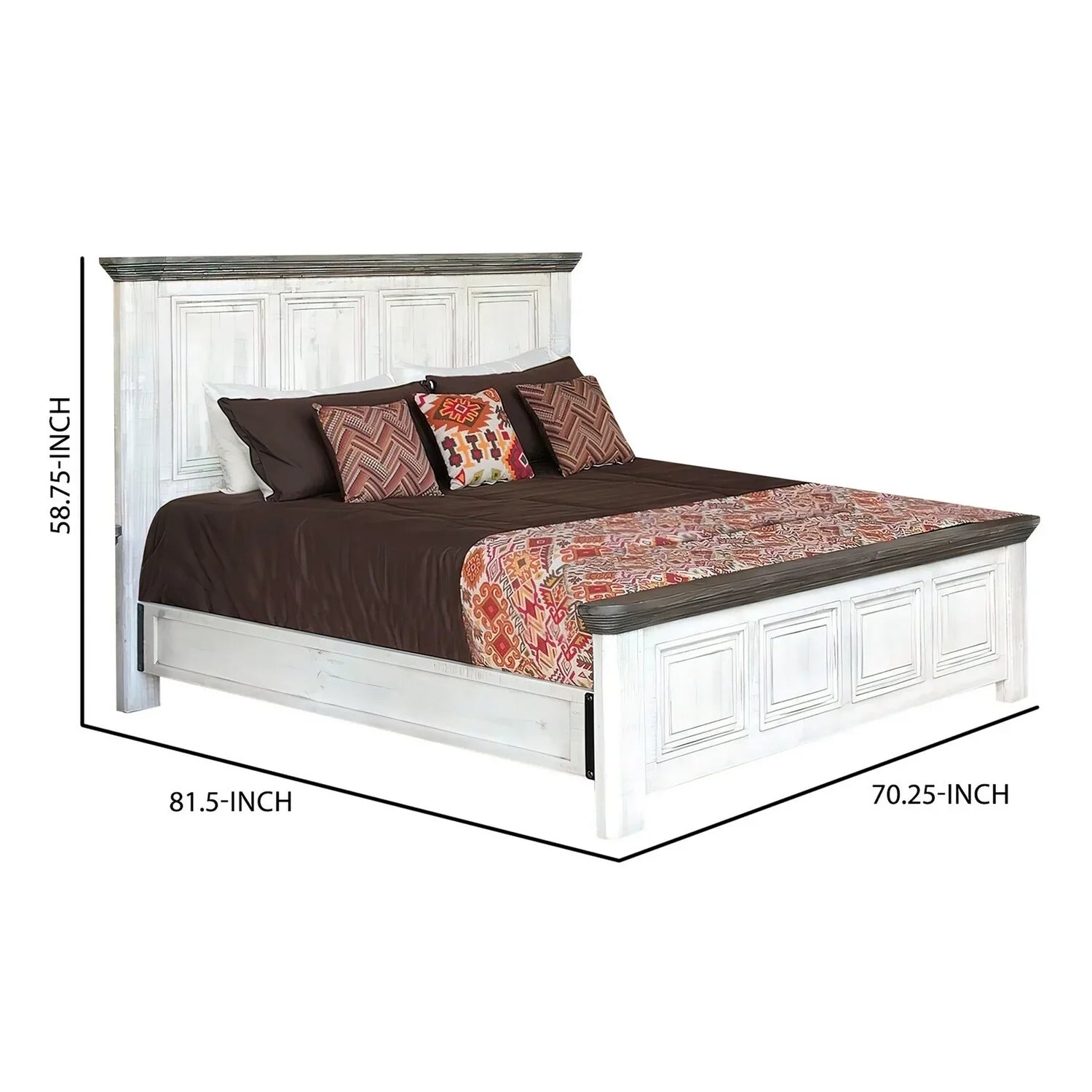 Benjara Feyi Queen Size Bed, Clean Rustic Headboard and Footboard, White, Gray