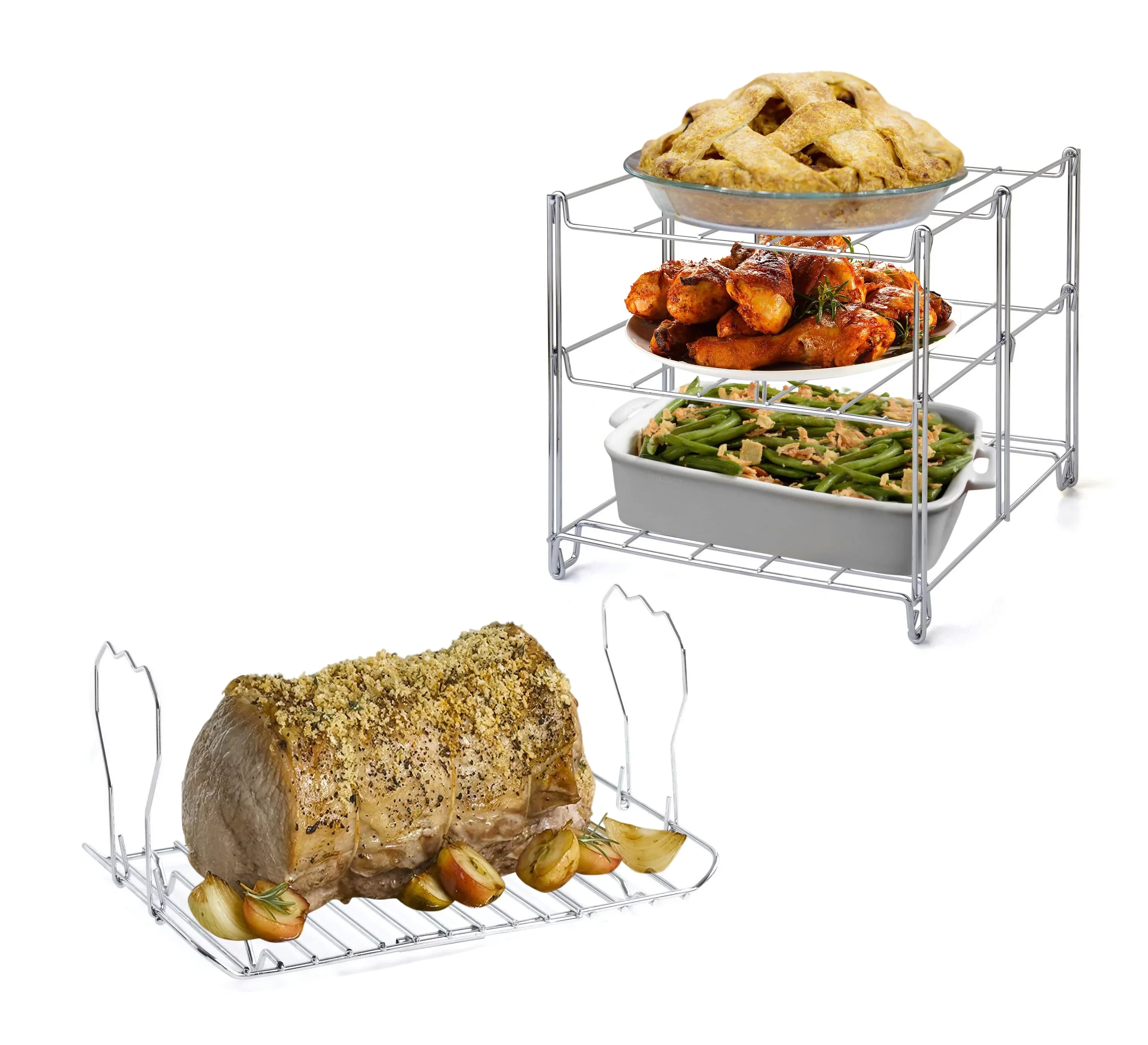 3-Tier Collapsible Oven Rack & Turkey Lifter Roasting Rack | Space Saving Oven Rack For Multiple Roasting And Baking Tasks | Includes (1) Oven Rack & (1) Turkey Lifter