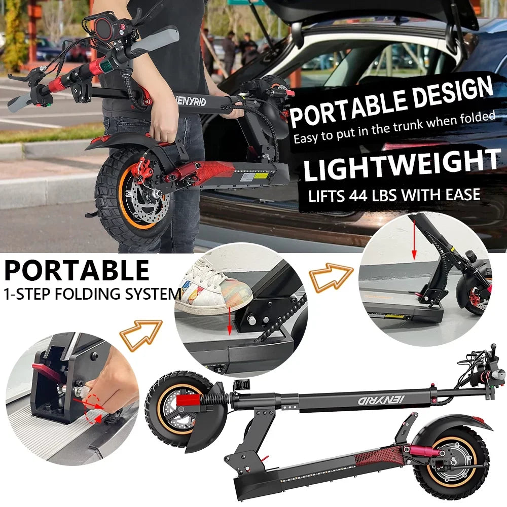 iENYRID Commuter E-Scooter Adult Electric Scooter with Seat,  Folding Adult Electric Skateboard up to 330lbs and 28 Miles Long Range, 10 inch Off Road Tires 600W(Peak 800W)