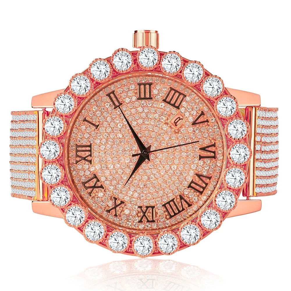 Roman Dial Solitaire Bezel Men's Lab Diamond 18K Rose Gold Finish Stainless Steel Back 10 Row Iced Out Band Custom Khronos Watch W/Date