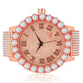 Roman Dial Solitaire Bezel Men's Lab Diamond 18K Rose Gold Finish Stainless Steel Back 10 Row Iced Out Band Custom Khronos Watch W/Date