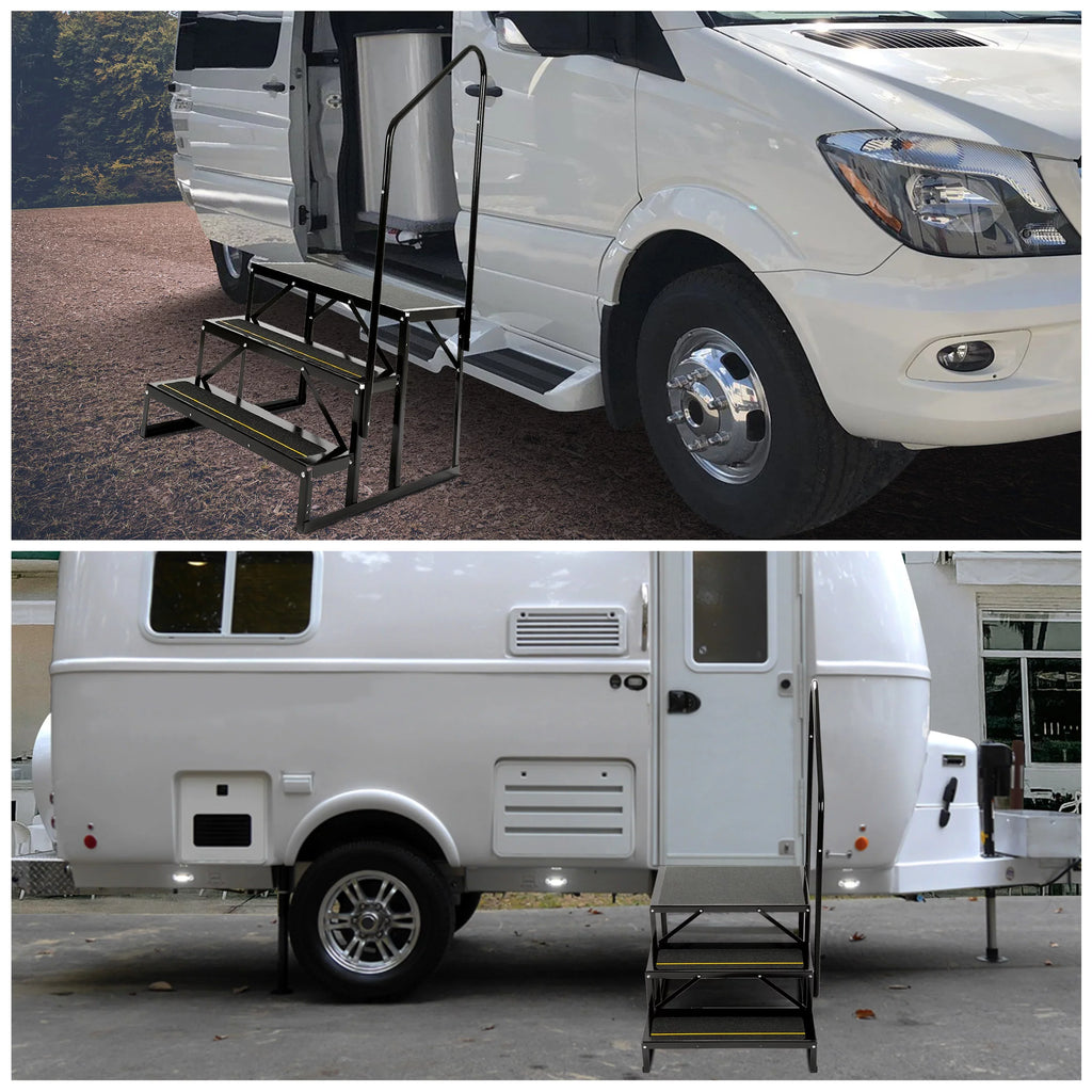 Universal 3 Steps Stairs Steel for  Travel Trailer Camper Trailer W/ Side Load Hand-railing Armrest Hand Rail