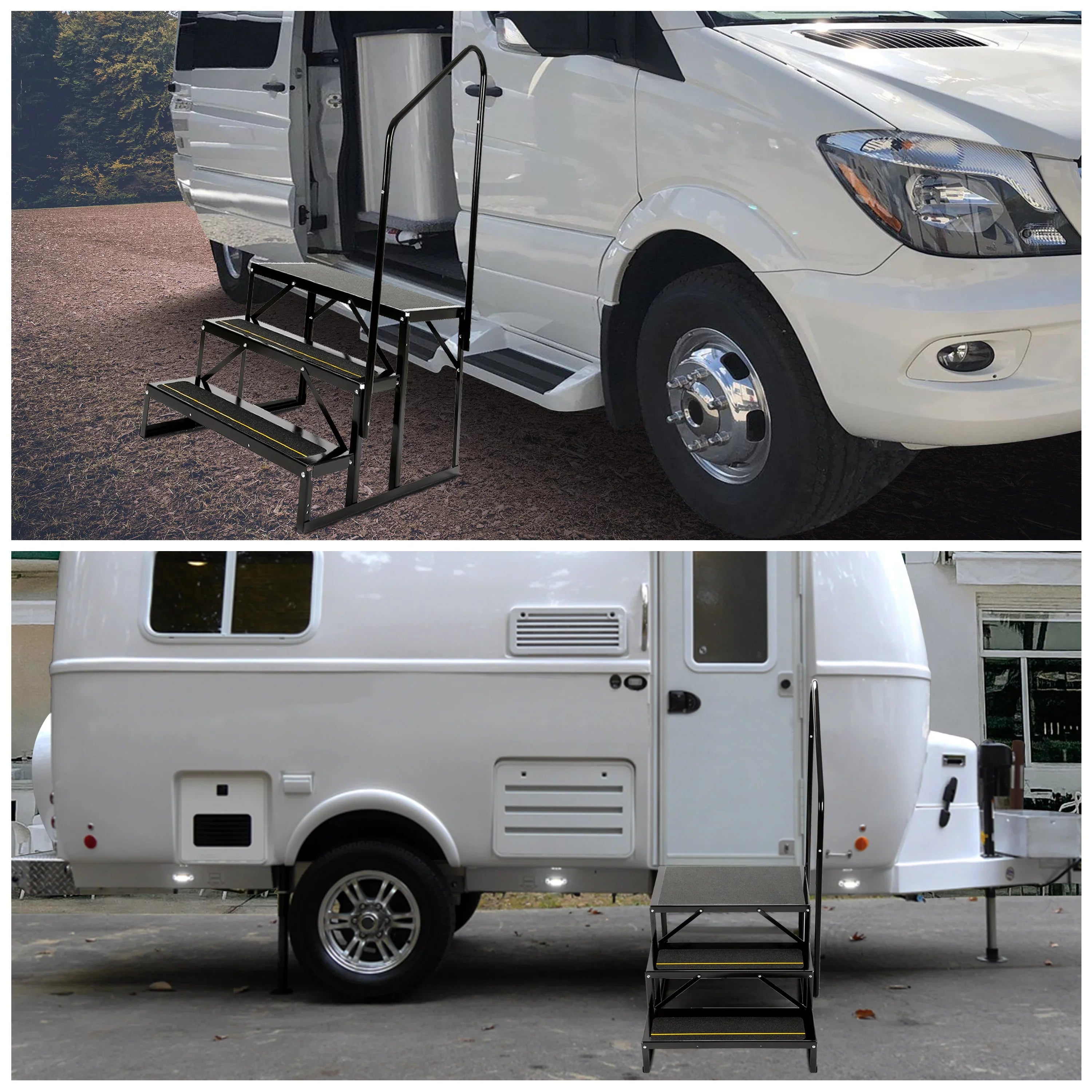 Universal 3 Steps Stairs Steel for  Travel Trailer Camper Trailer W/ Side Load Hand-railing Armrest Hand Rail