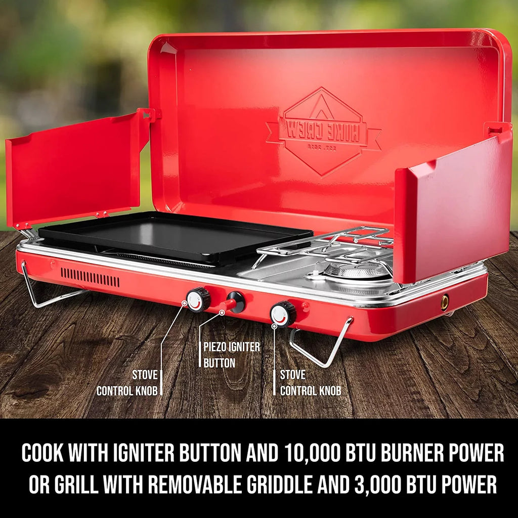 Hike Crew, 2in1 Gas Camping Stove, Portable Propane Grill/Stove, 2 Burners