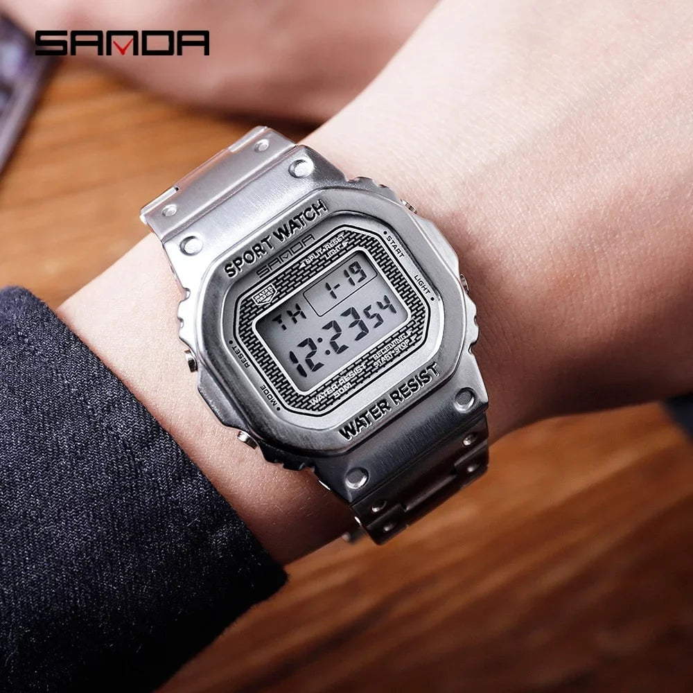 Sanda Top Brand Luxury Men's Watches Led Digital Watch Men 5atm Casual Waterproof Wristwatch Steel Clock Relogio Masculino 390 - Digital Wristwatches