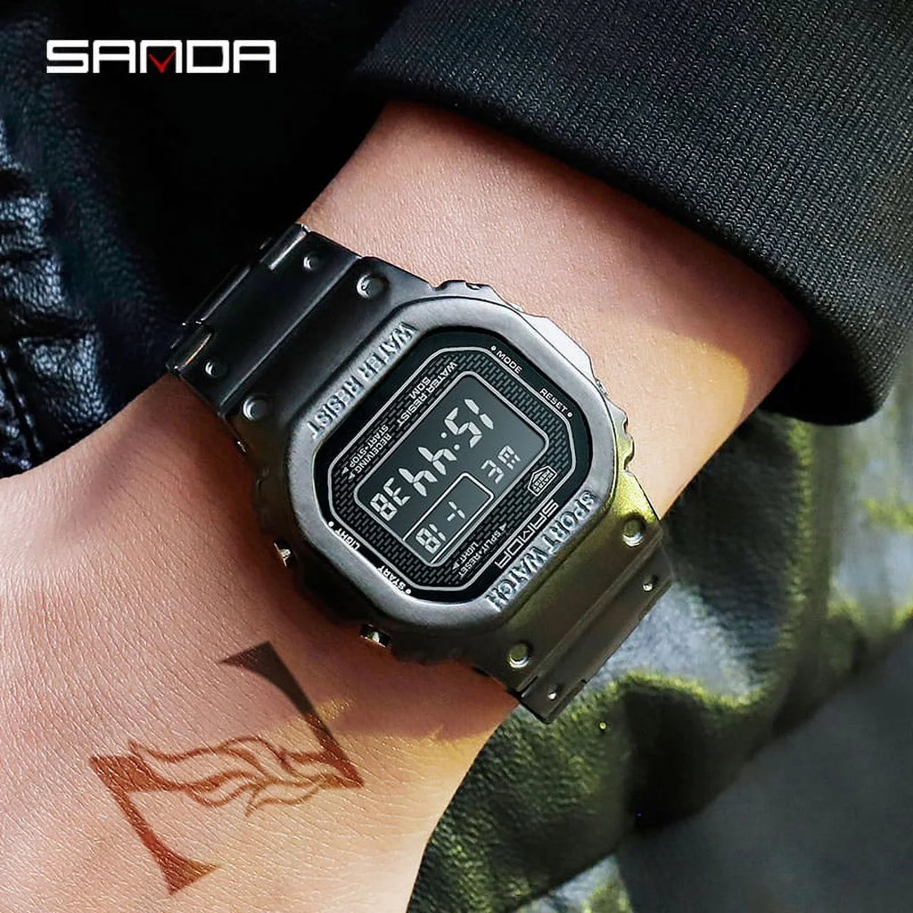 Sanda Top Brand Luxury Men's Watches Led Digital Watch Men 5atm Casual Waterproof Wristwatch Steel Clock Relogio Masculino 390 - Digital Wristwatches