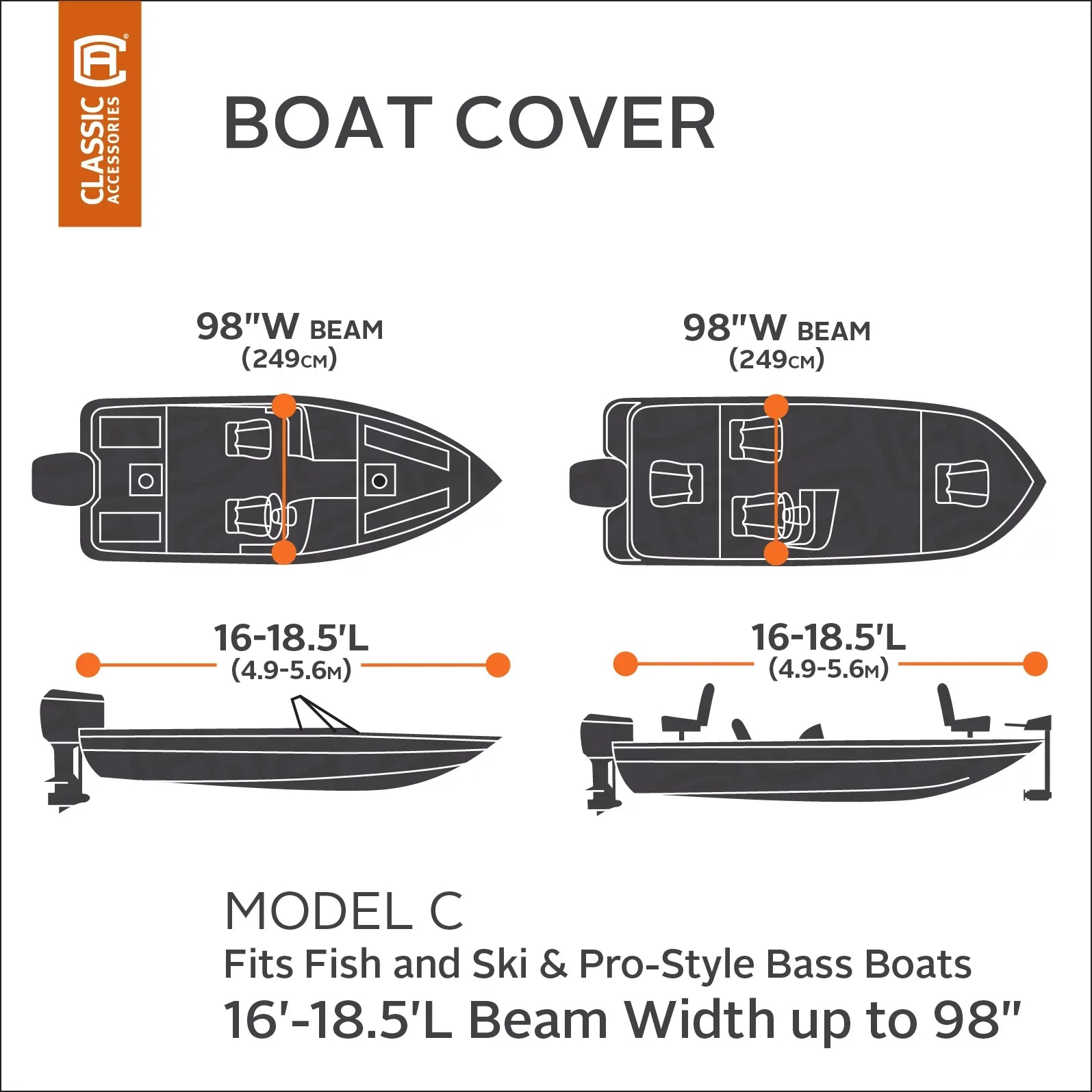 Classic Accessories Lunex -1™ Boat Cover, Fits Boats 16' - 18.5' L x 98" W, Trailerable Boat Cover with All-Weather Ripstop Fabric, Model C