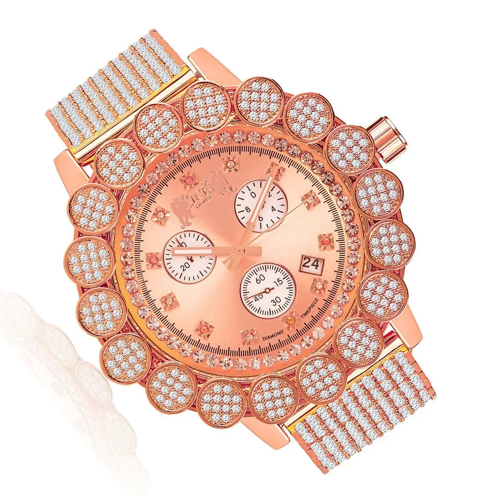 Men's Real Diamond Khronos Watch 14k Rose Gold Tone Big Face Flower Bezel Full Iced Out Band W/Date