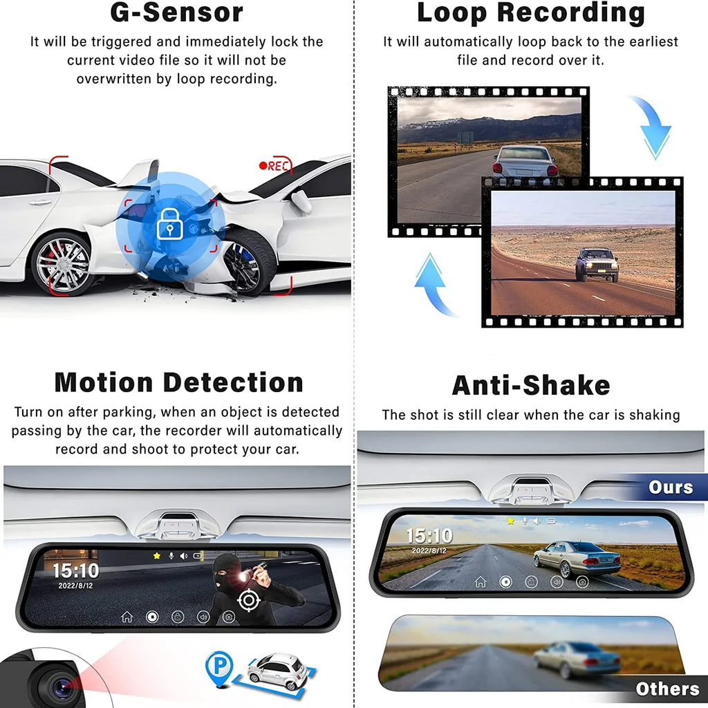 Erago Rear View Mirror Camera Kit:Rear view mirror dash cam Front and Rear  1080P for Car with 10" Full Touch Screen, Waterproof Backup  Camera, Night Vision, G-Sensor, Parking Moniter