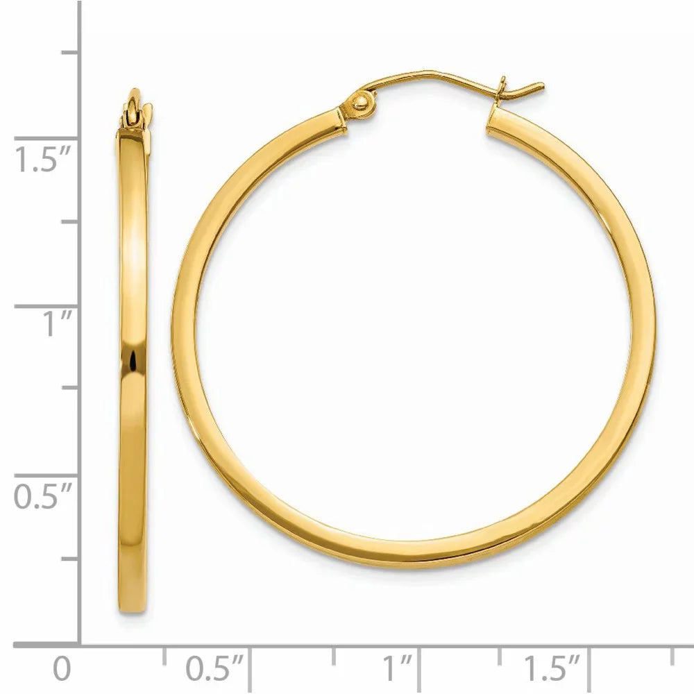 Real 14kt Yellow Gold 2mm Princess Square Tube Hoop Earrings; for Adults and Teens; for Women and Men