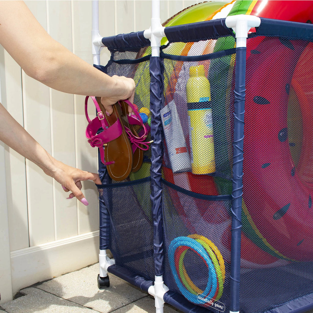 Essentially Yours Pool Storage Equipment Organizer Holder - Noodles, Toys, Balls and Floats Mesh Rolling Double Decker Bin, Large with Noodle Rack, (23" L x 35.3" W x 59.4" H), Brown