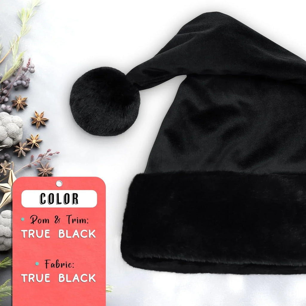 All Black Santa Hat - Faux Fur Black Trim - Gothic Xmas Accessory, Goth Christmas Hat - Adult, 1 Size