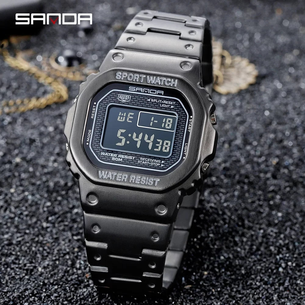 Sanda Top Brand Luxury Men's Watches Led Digital Watch Men 5atm Casual Waterproof Wristwatch Steel Clock Relogio Masculino 390 - Digital Wristwatches