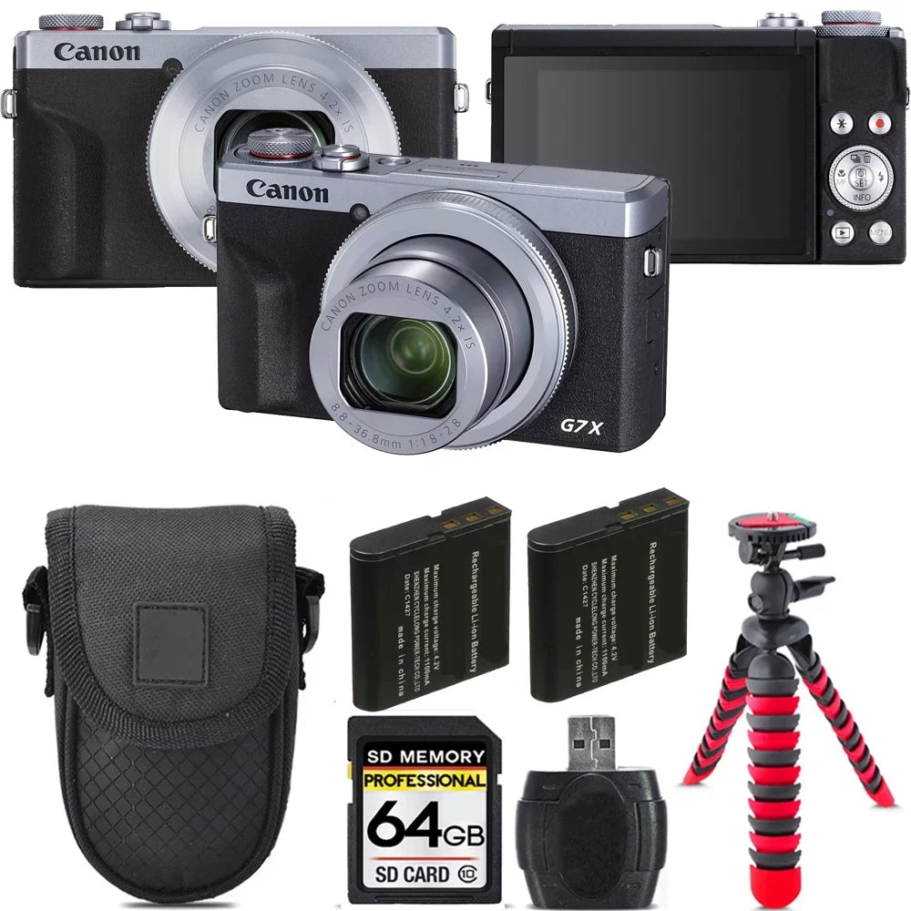 Canon PowerShot G7 X Mark  Digital Camera (Silver) + Extra Battery +Tripod + Case -64GB Kit