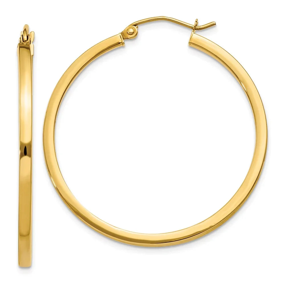 Real 14kt Yellow Gold 2mm Princess Square Tube Hoop Earrings; for Adults and Teens; for Women and Men