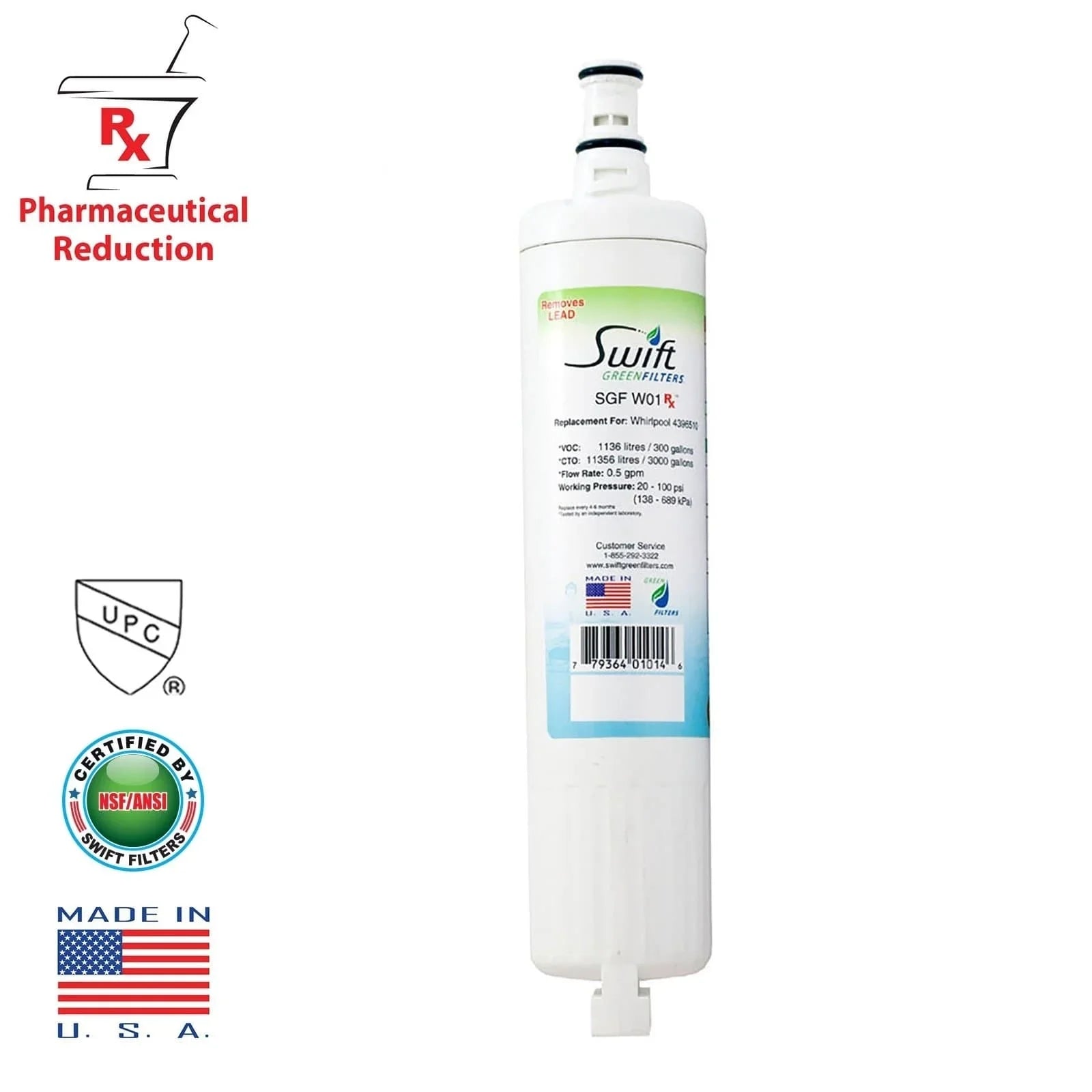 Swift Green Filters -W01  Replacement Whirlpool 4396508 EDR5RXD1 Refrigerator Water Filter (3 Pack)