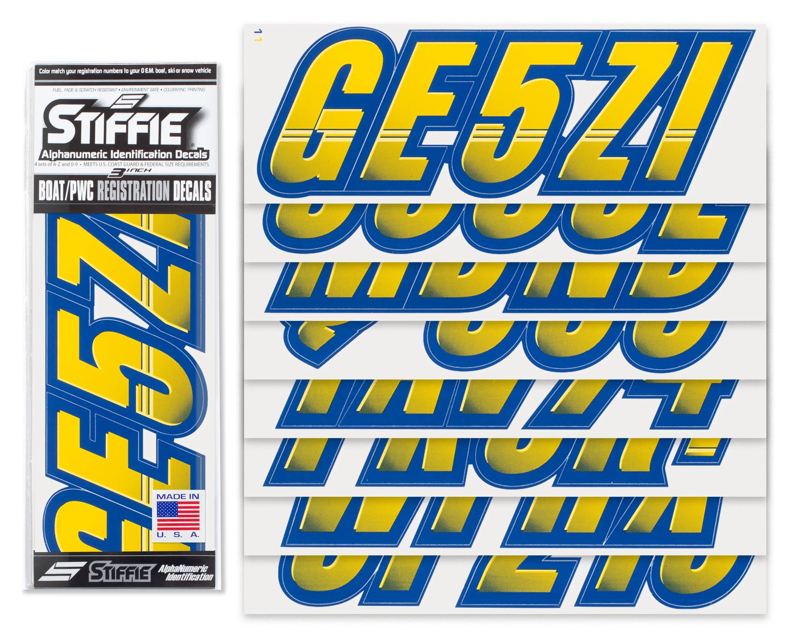Techtron Yellow/Navy 3" Alpha-Numeric Identification Custom Kit Registration Numbers & Letters Marine Stickers Decals for Boats & Personal Watercraft