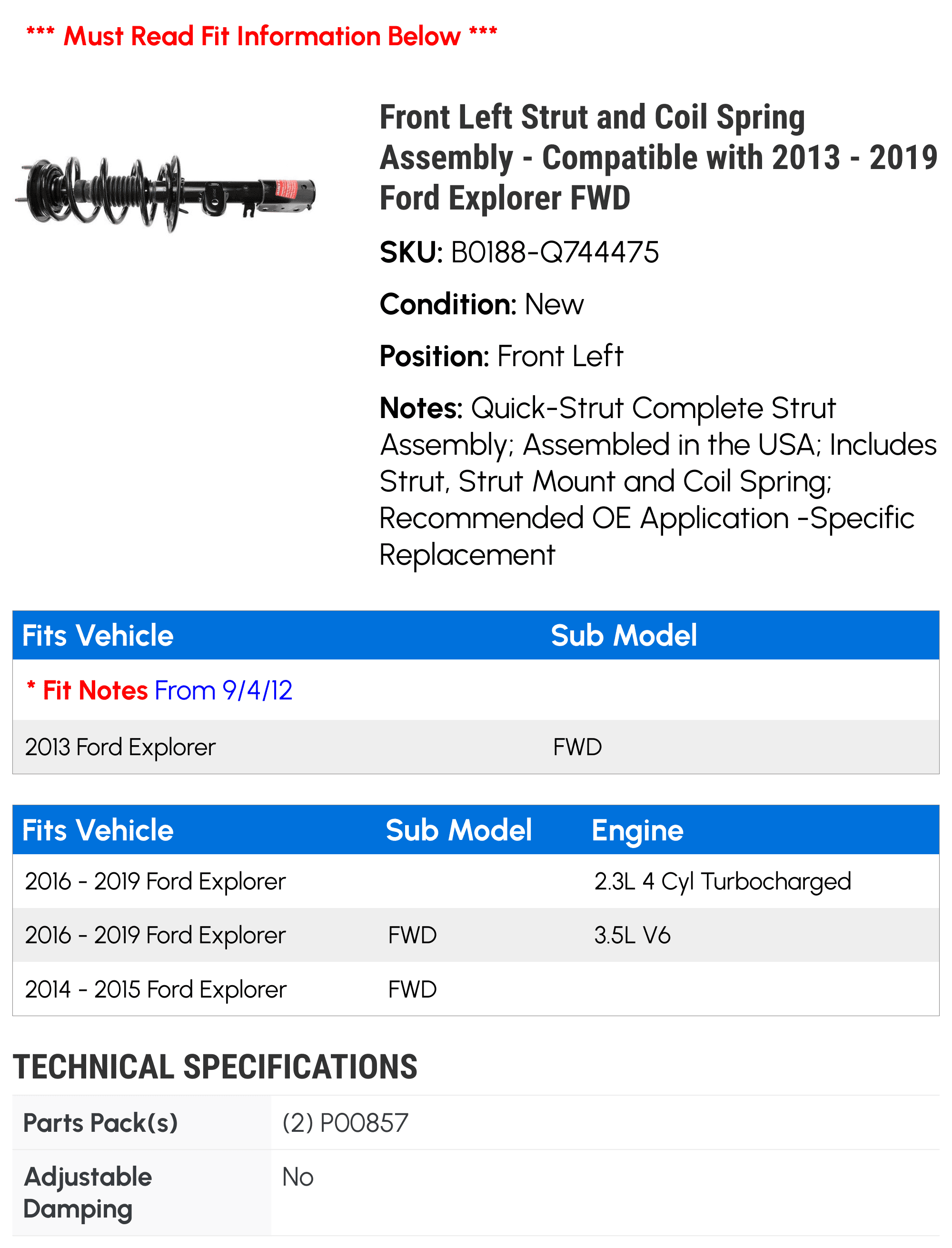 Front Left Strut and Coil Spring Assembly - Compatible with 2013 - 2019 Ford Explorer  2014 2015 2016 2017 2018