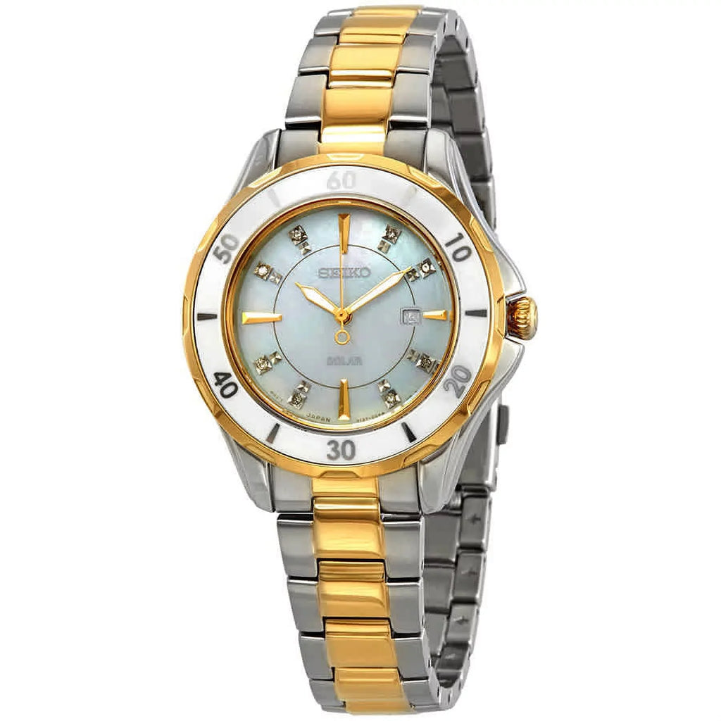 Seiko SUT338 Solar Two Tone Diamond Accent Mother of Pearl Dial Women's Watch