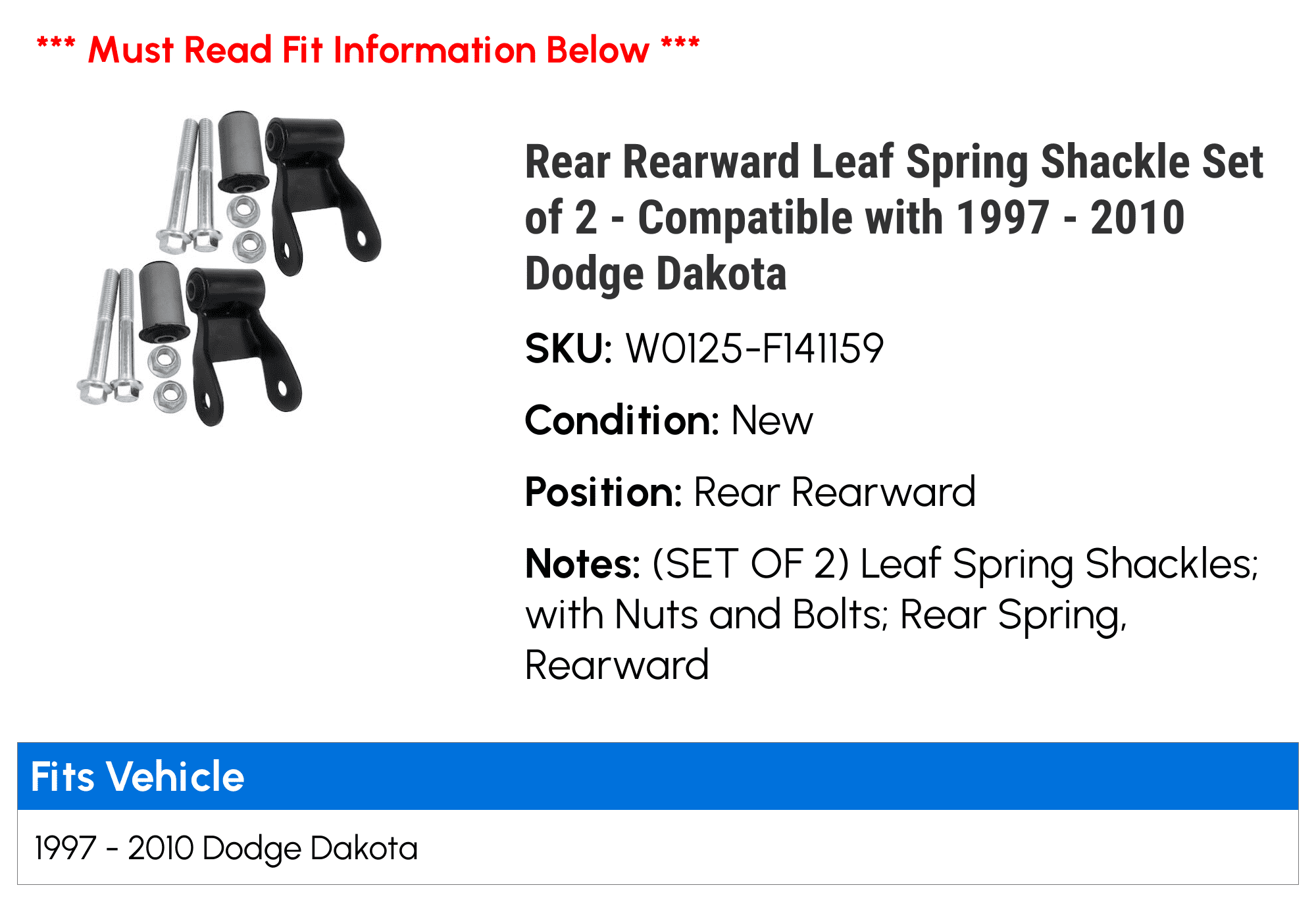 Rear Rearward Leaf Spring Shackle Set of 2 - Compatible with 1997 - 2010 Dodge Dakota 1998 1999 2000 2001 2002 2003 2004 2005 2006 2007 2008 2009
