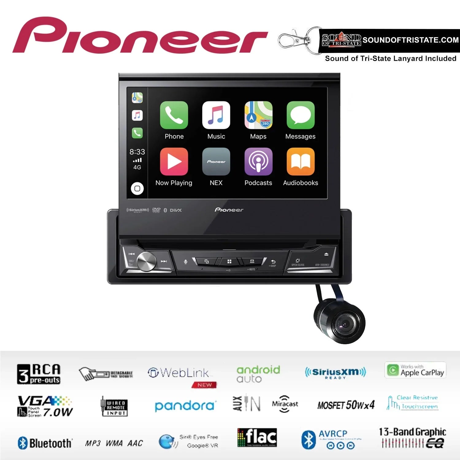 Pioneer -3500NEX Single Din Flip Out  Receiver with Bullet Style Camera