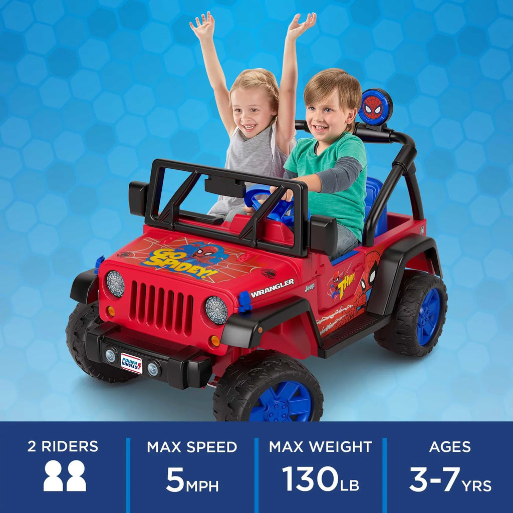 12V Power Wheels Spider-Man Jeep Wrangler Battery-Powered Ride-On Vehicle with Sounds, for a Child Ages 3-7