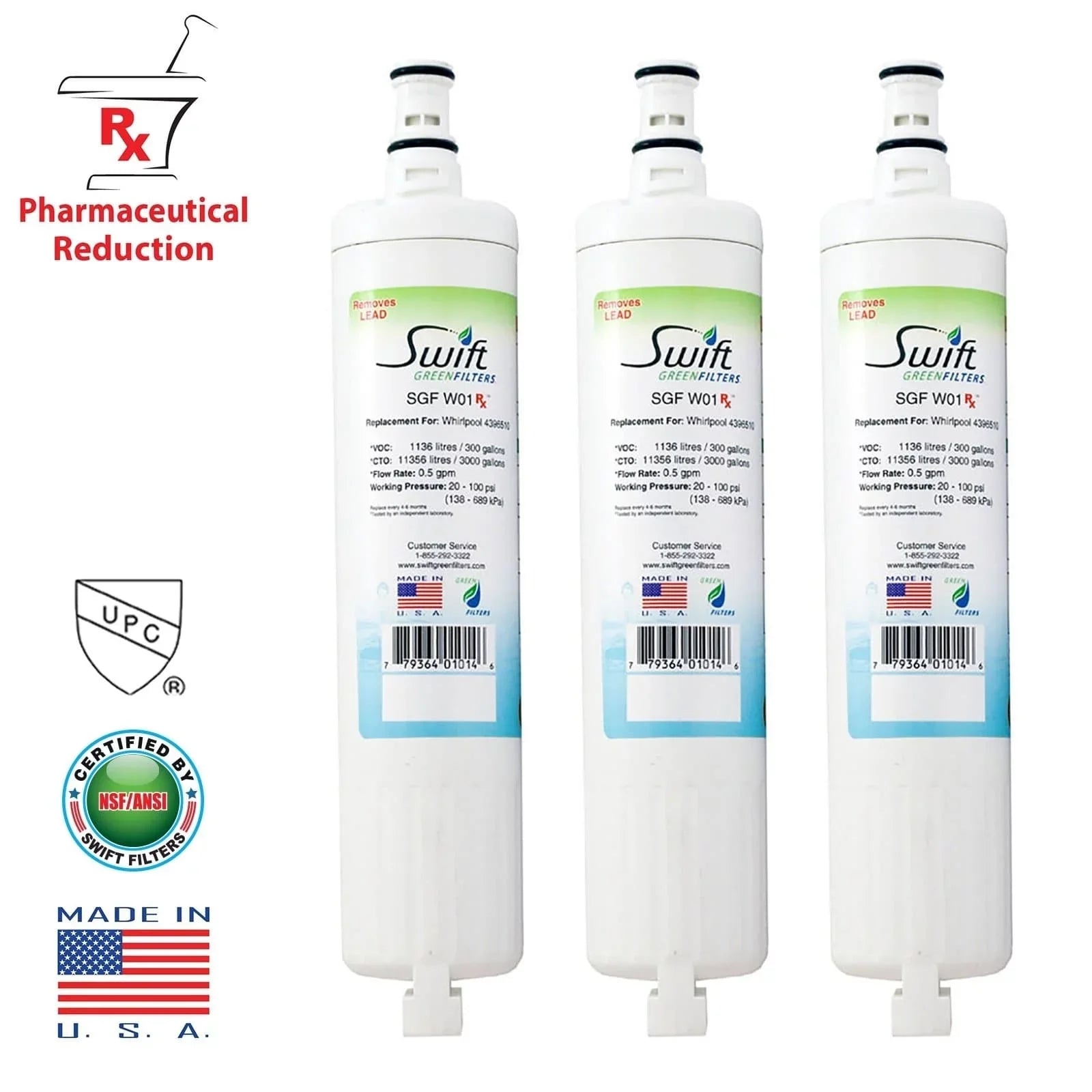 Swift Green Filters -W01  Replacement Whirlpool 4396508 EDR5RXD1 Refrigerator Water Filter (3 Pack)