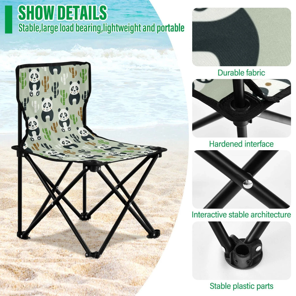 Cartoon Pandas and Bamboos Portable Camping Chair Outdoor Folding Beach Chair Fishing Chair Lawn Chair with Carry Bag Support to 220LBS