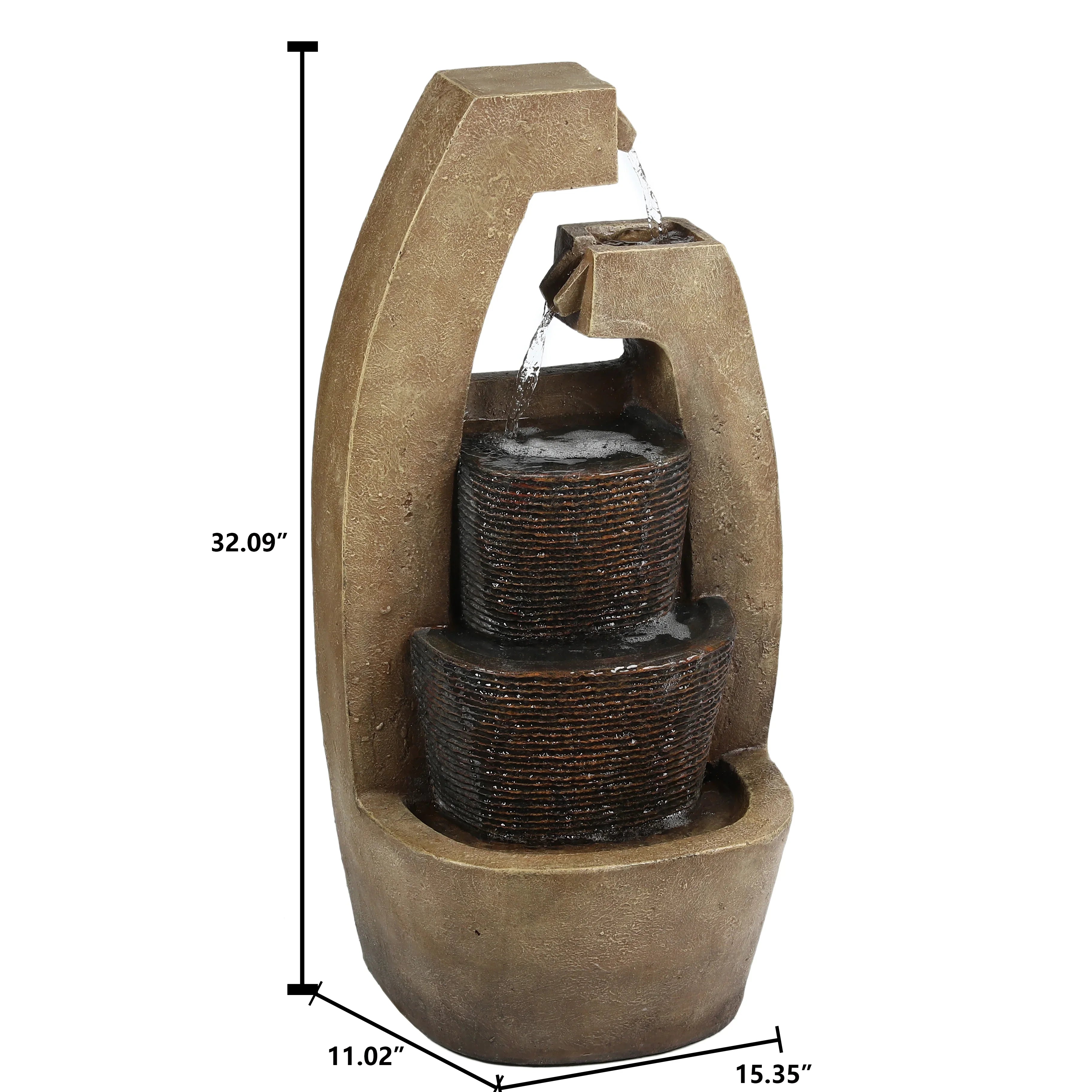 LuxenHome Brown Cement Modern Sculpture Outdoor Fountain with  Light