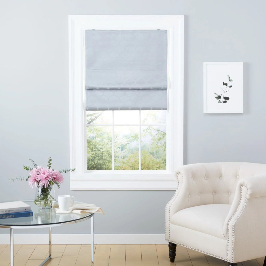 Exclusive Home Montague Trellis Total Blackout Roman Shade, 34"x64", Silver
