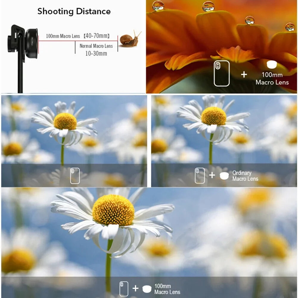 Aluminum Alloy 4K  Detachable Clip Cellphone Macro Camera Lens 40MM-70MM Shooting Distance Multi-Layer Optical Coated External Lens Accessory
