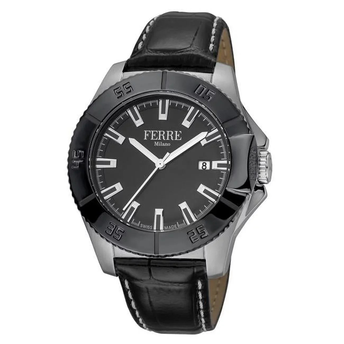 Mens Swiss Made Quartz Black Calfskin Leather Strap Watch with Black Dial