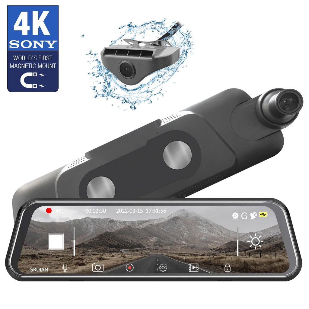 Arc4K 10" Rear-View Mirror Camera, Dual-Channel Front and Rear, Touchscreen, Parking Mode, Seamless Magnetic Mount Design