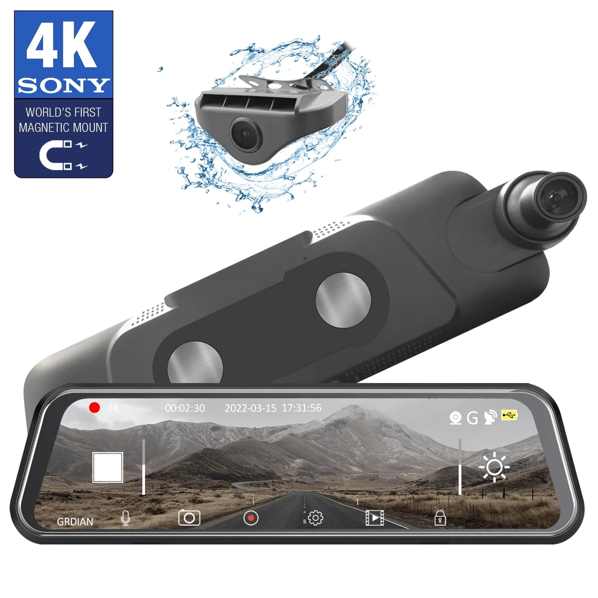 Arc4K 10" Rear-View Mirror Camera, Dual-Channel Front and Rear, Touchscreen, Parking Mode, Seamless Magnetic Mount Design