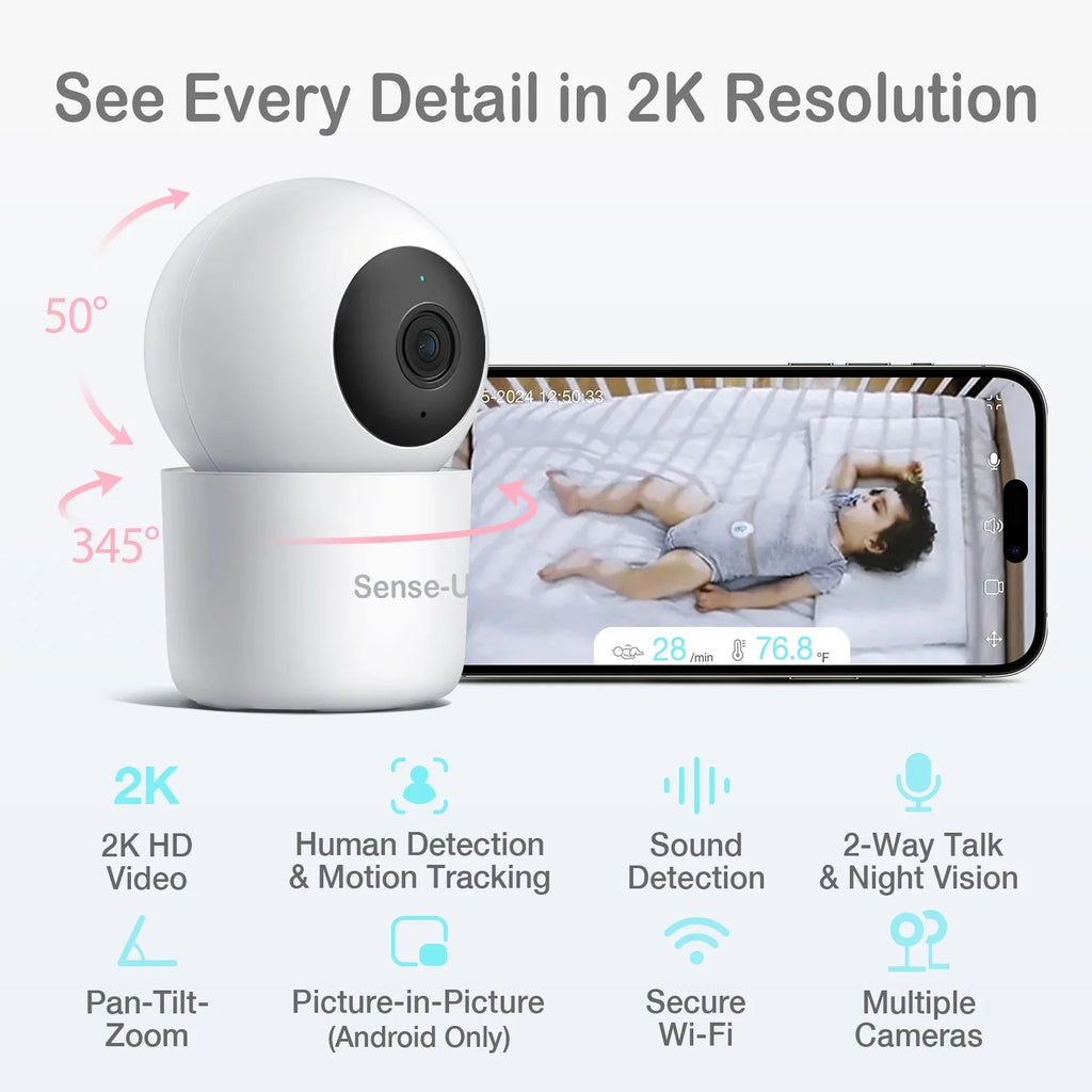 Sense-U Smart 2K Video Baby Monitor(& Eligible) with No Monthly Fee, Pan-Tilt-Zoom, Person/Baby Crying Sound/Motion Detection, 2-Way Talk, Night Vision, Background Audio, Activity Zone