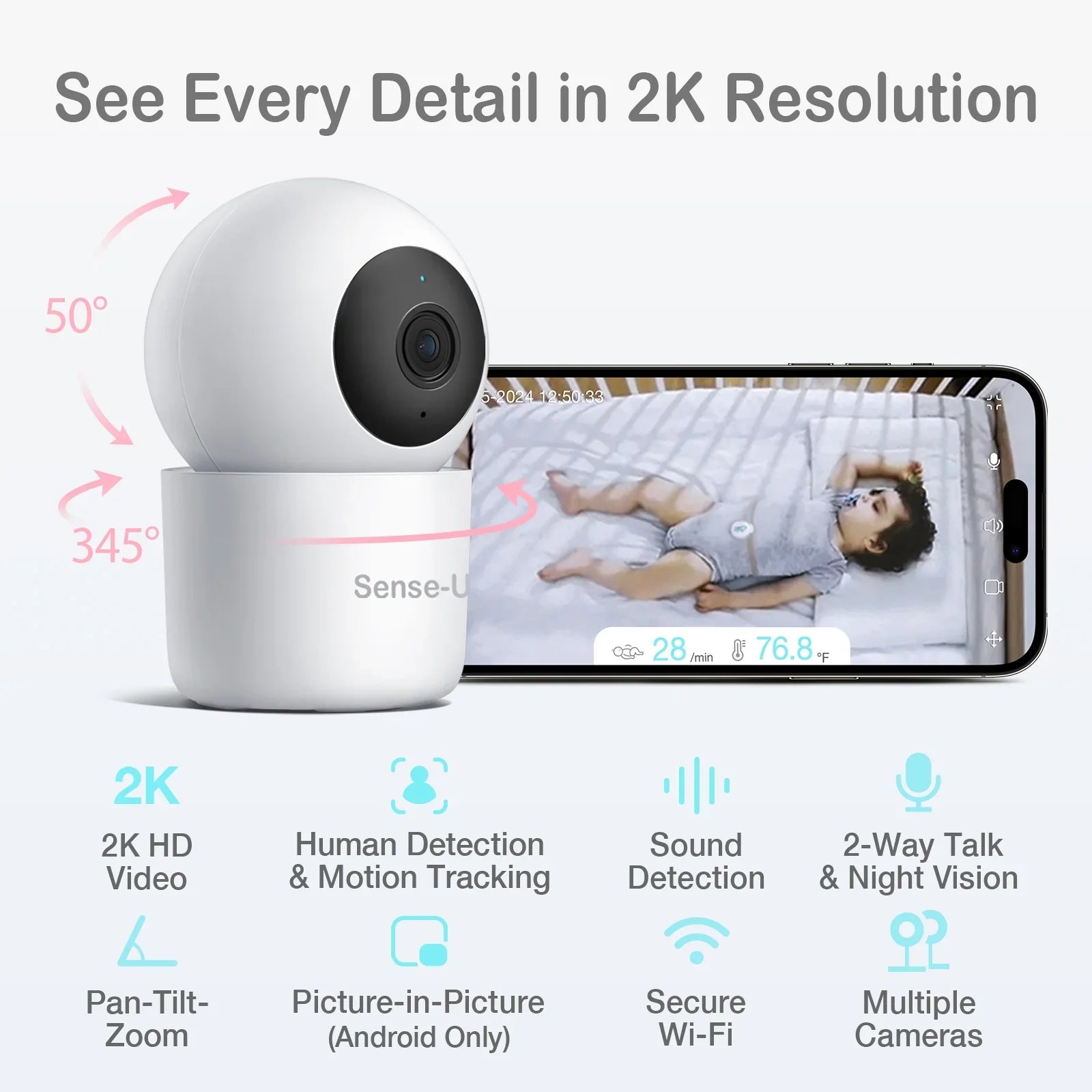 Sense-U Smart 2K Video Baby Monitor(& Eligible) with No Monthly Fee, Pan-Tilt-Zoom, Person/Baby Crying Sound/Motion Detection, 2-Way Talk, Night Vision, Background Audio, Activity Zone